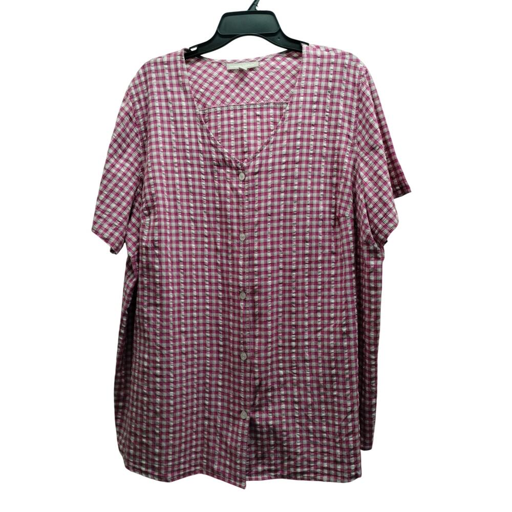 Woman Within Plus Size 1X Pink White Check 22/24 Button Up V-Neck Seersucker Top